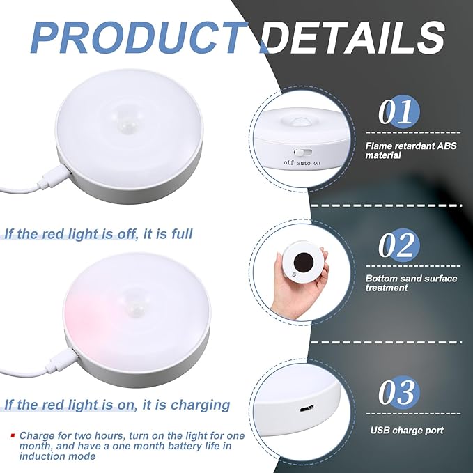 LED Motion Sensor Night Light, USB Rechargeable, White